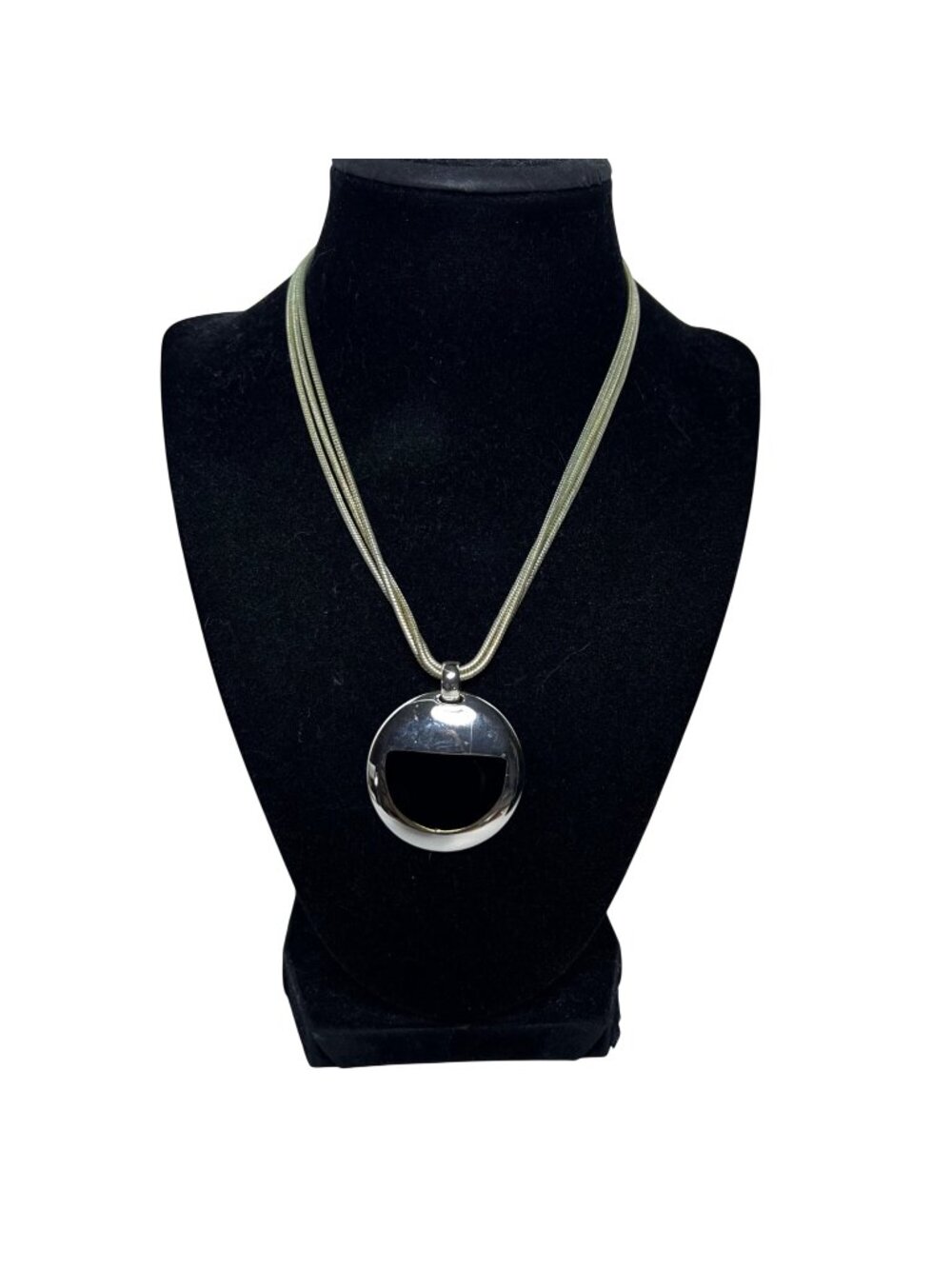 NW Silver Tone Triple Snake Chain Necklace W/ Black Enamel Pendant (6516)